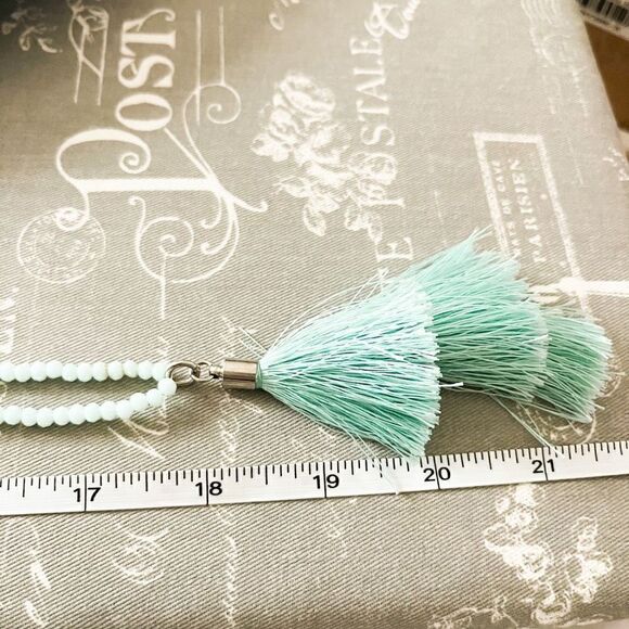 Semiprecious Stone Necklace Beaded Light Blue Tassel Accent Pendant Boho Earthy - Picture 4 of 4